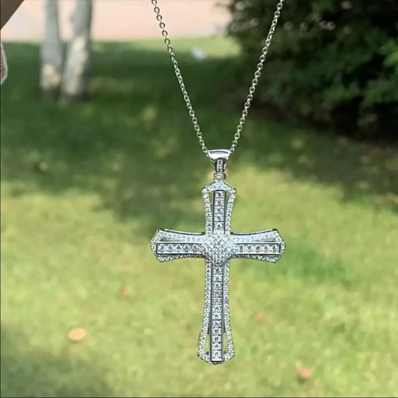 New Men Women 925 Silver Cross Diamond Necklace - Picture 5 of 7